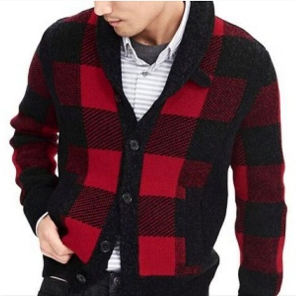 Banana Republic Filpucci Italian Wool Red & Black Plaid Sweater Cardigan Size L - Picture 1 of 15